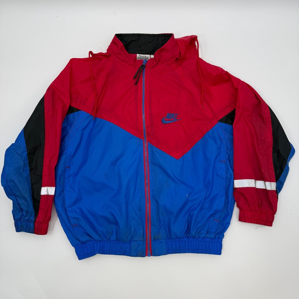 Nike Kids Medium Windbreaker Blue Red Colorblock Vintage Full Zip Hooded Jacket